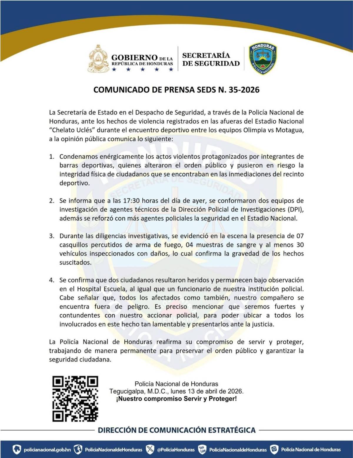 Oficial: Cantidad de casquillos de bala, heridos y daños tras pelea de barras de Olimpia y Motagua