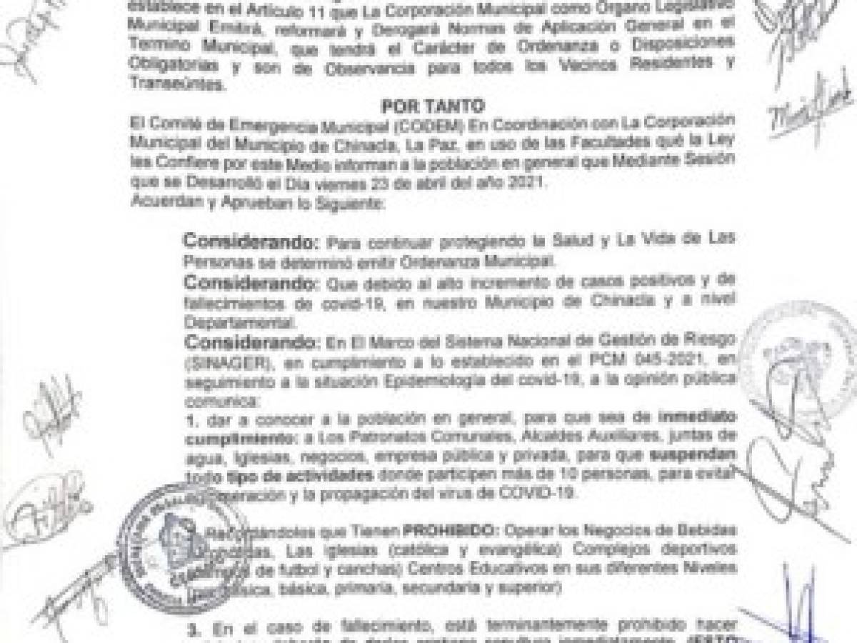 Alcaldía de Chinacla, La Paz, ordena suspender actividades para evitar aglomeraciones