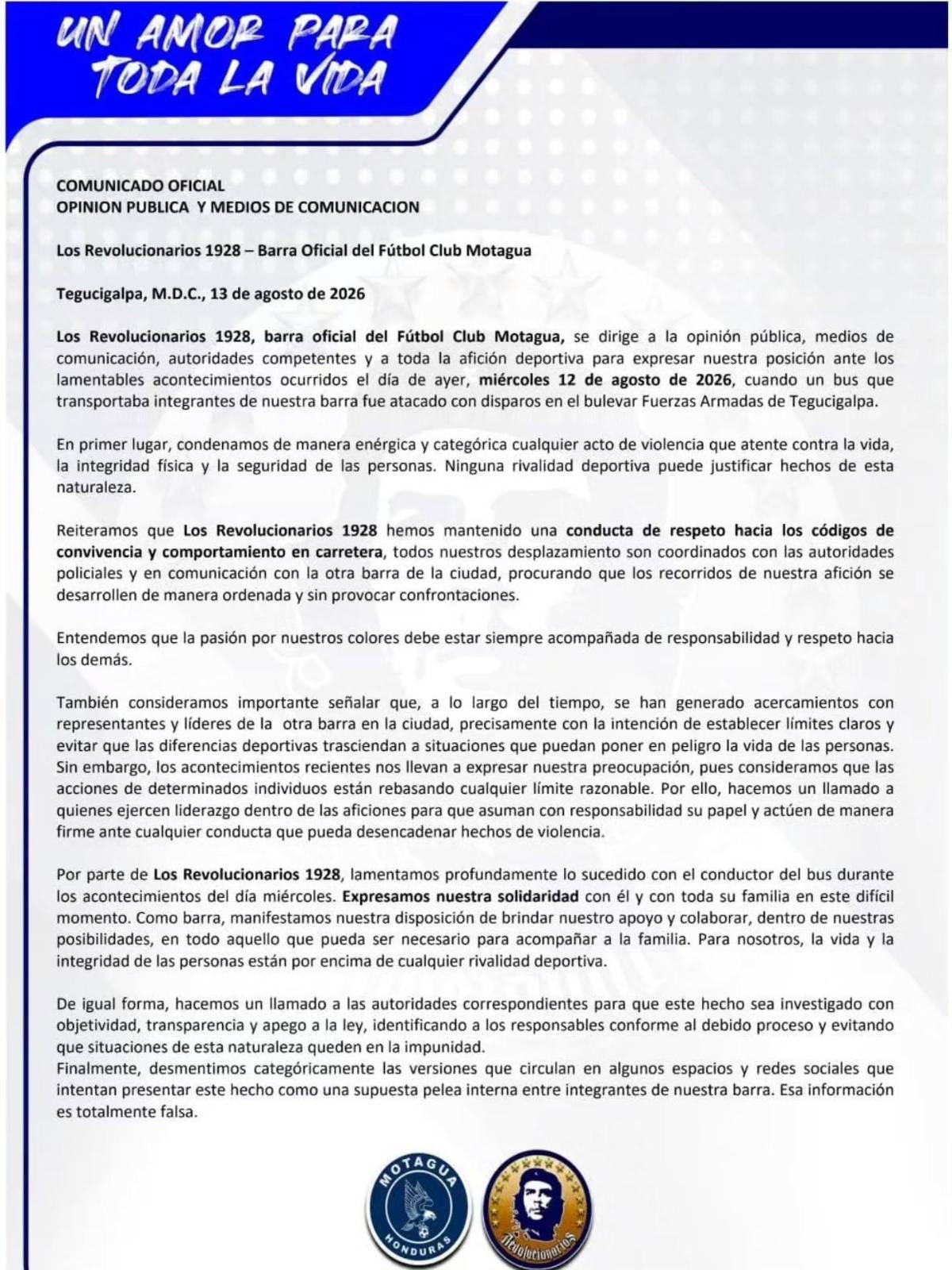 Barra de Motagua se pronuncia tras ser atacada a balazos: Así ocurrieron los hechos