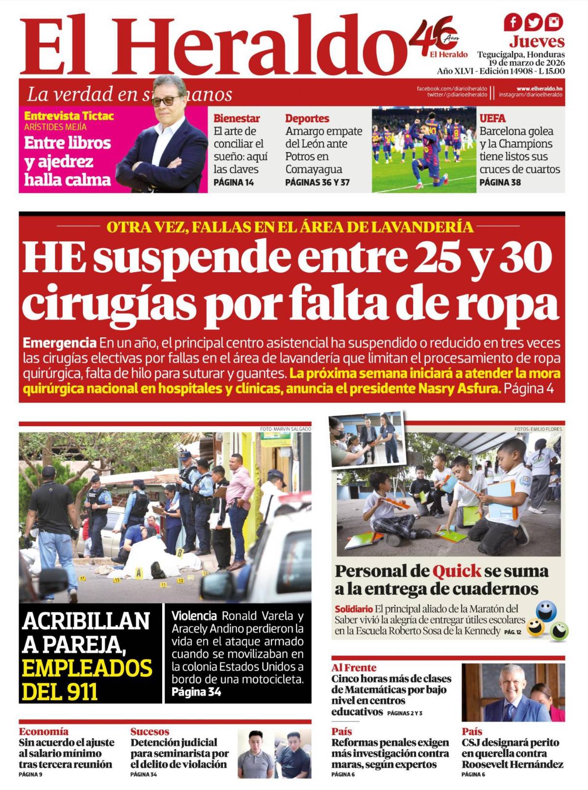 HE suspende entre 25 y 30 cirugías por falta de ropa
