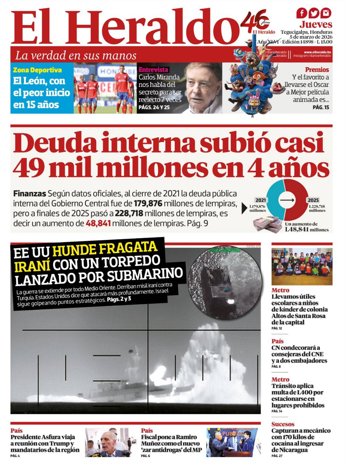 Deuda interna subió casi 49 mil millones en 4 años