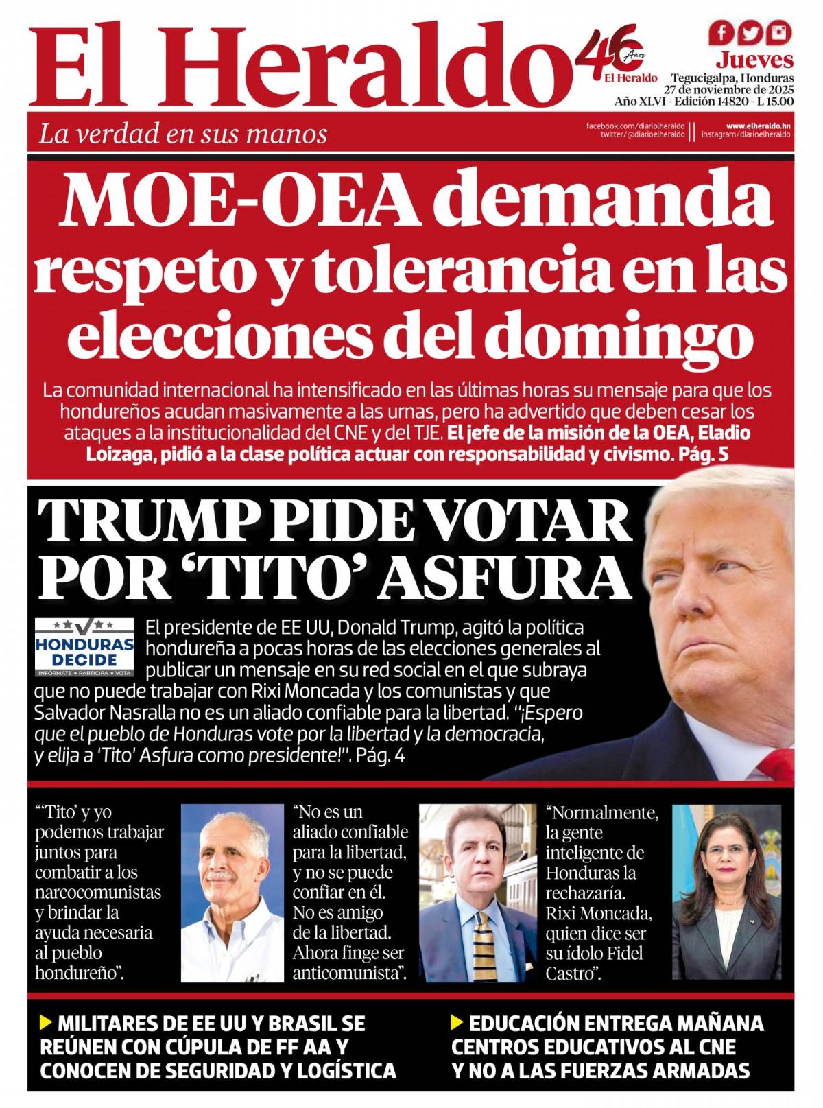 MOE-OEA demanda respeto y tolerancia en las elecciones del domingo