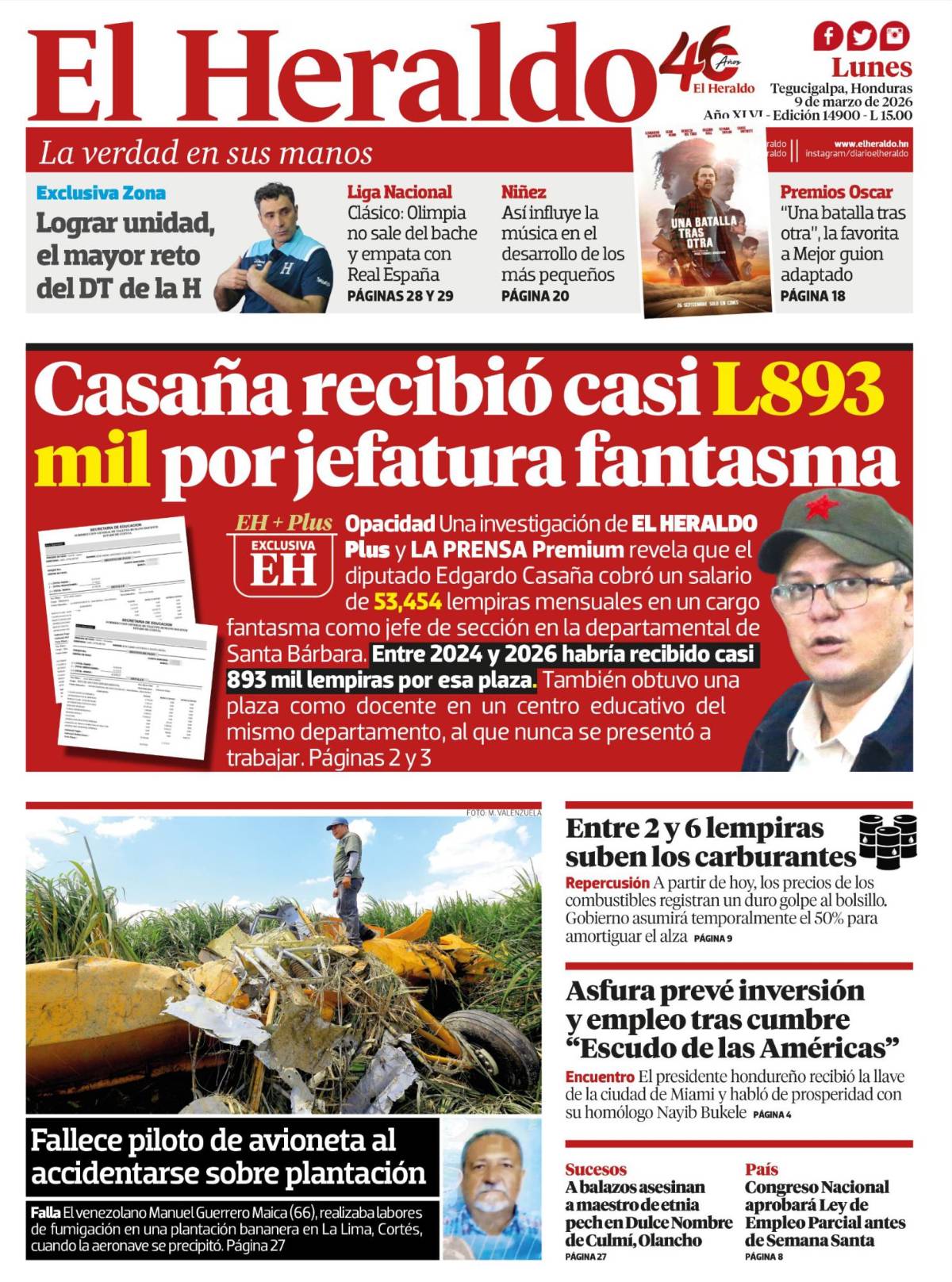 Casaña recibió casi L893 mil por jefatura fantasma