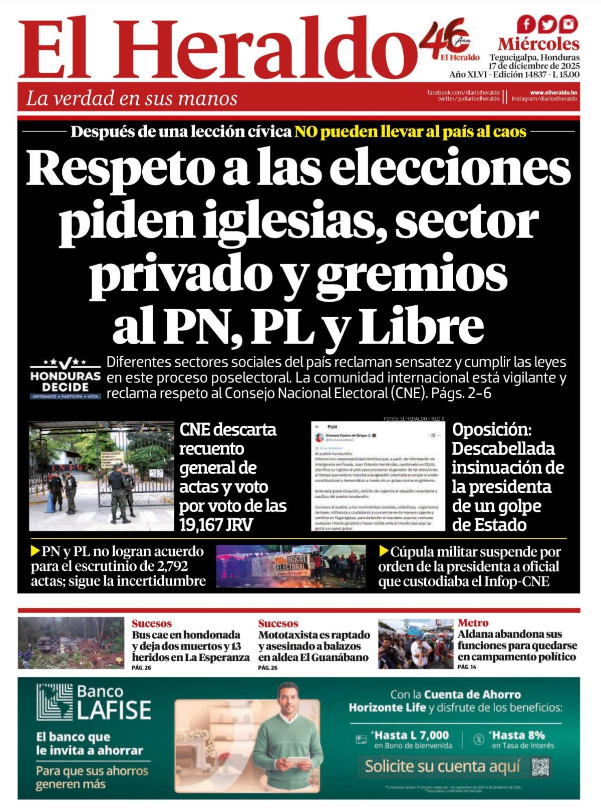 Respeto a las elecciones piden iglesias, sector privado y gremios al PN, PL y Libre