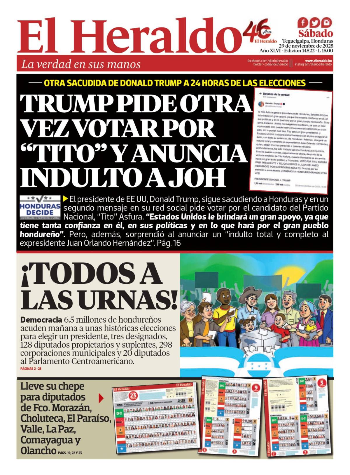 Trump pide otra vez votar por Tito y anuncia indulto a JOH