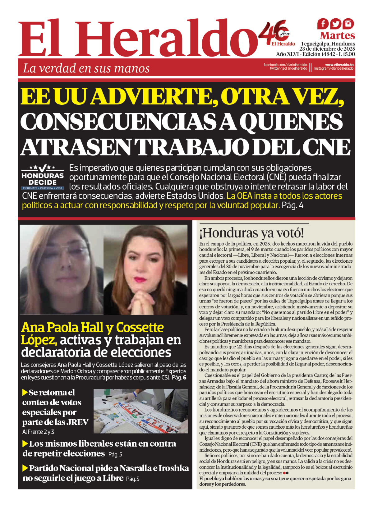 EE UU advierte, otra vez, consecuencias a quienes atrasen trabajo del CNE