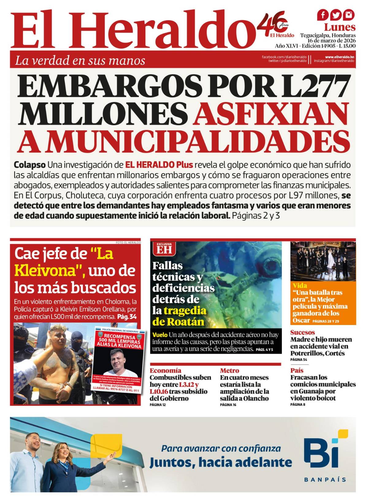 Embargos por L277 millones asfixian a municipalidades