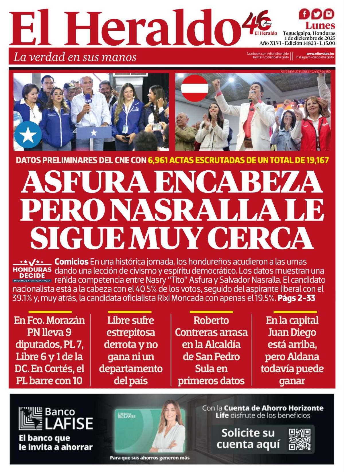 Asfura encabeza pero Nasralla le sigue muy cerca