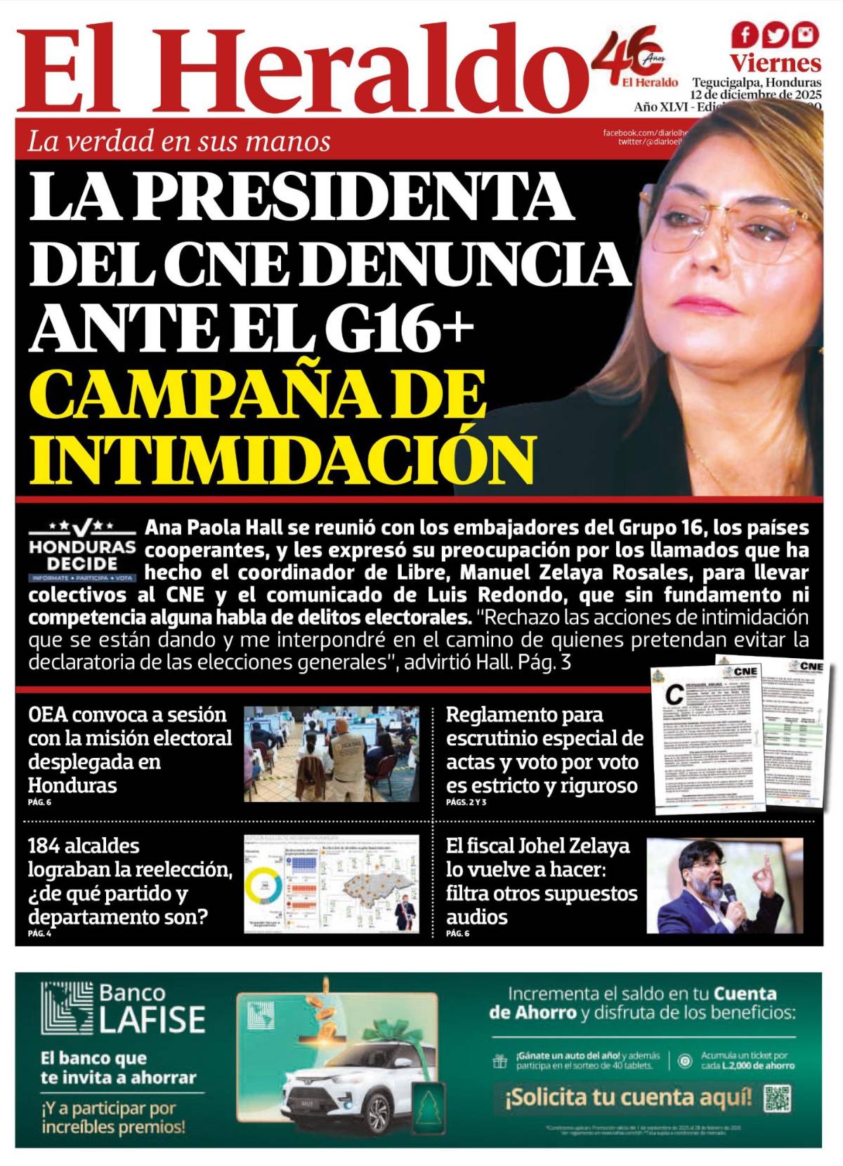 La presidenta del CNE denuncia ante el G16+ campaña de intimidación