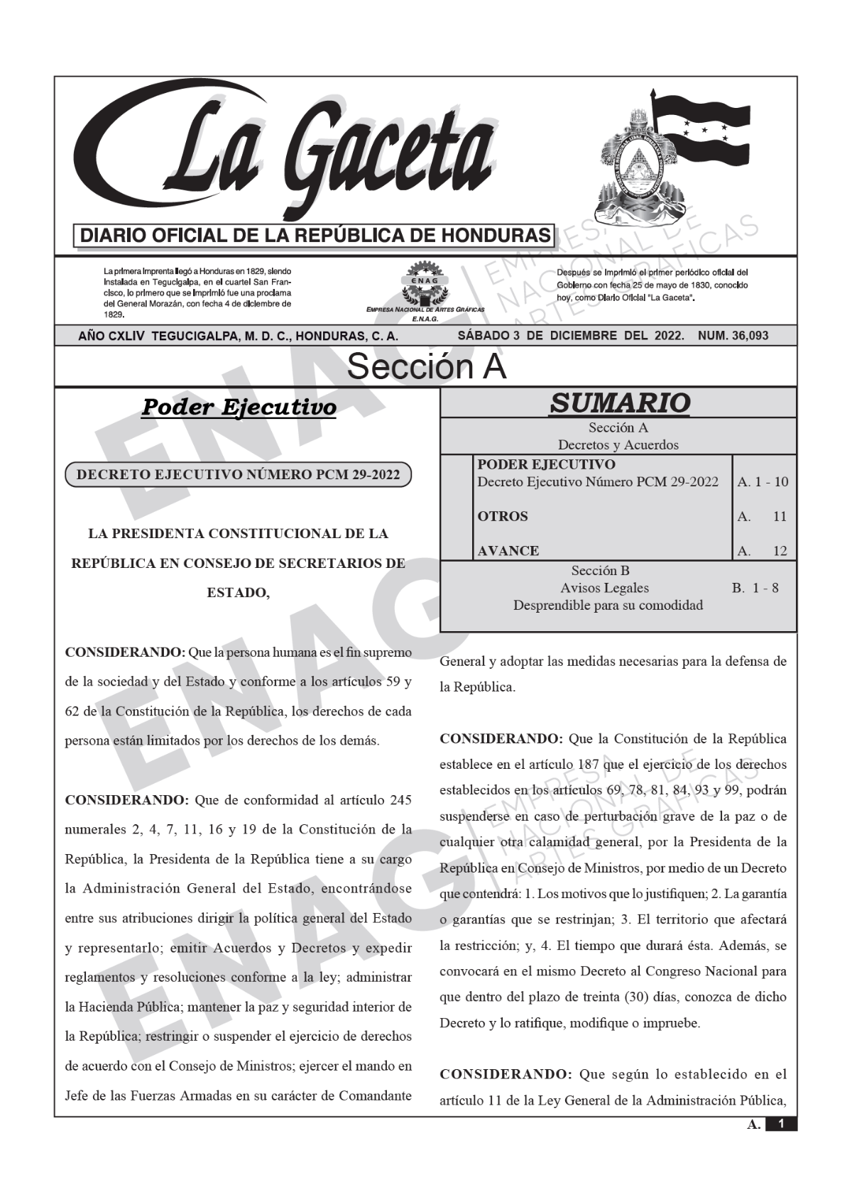 Decreto de La Gaceta sobre el toque de queda en Tegucigalpa y San Pedro Sula