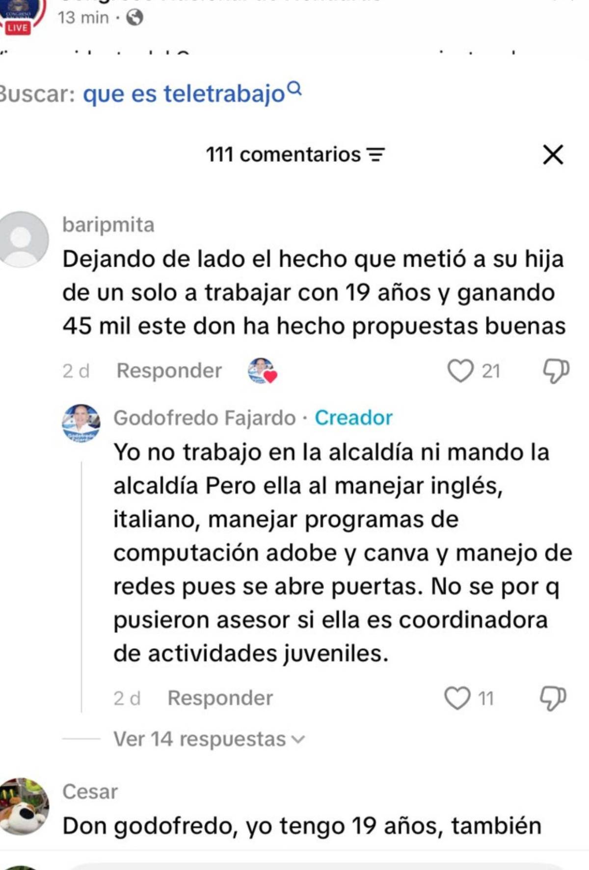 Maneja Adobe, Canva y redes: Godofredo Fajardo revela funciones de su hija en alcaldía de Tegucigalpa