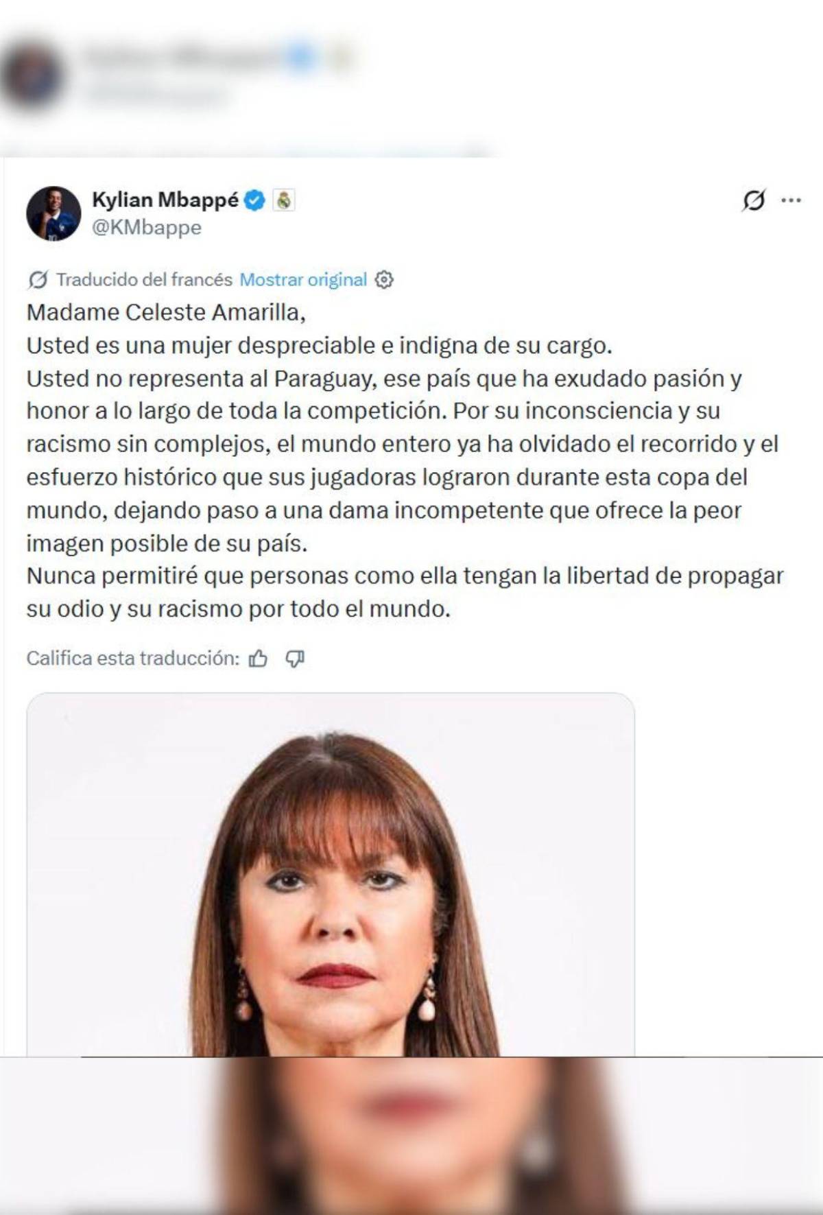 Mbappé atiza contra senadora de Paraguay: Es una mujer despreciable e indigna
