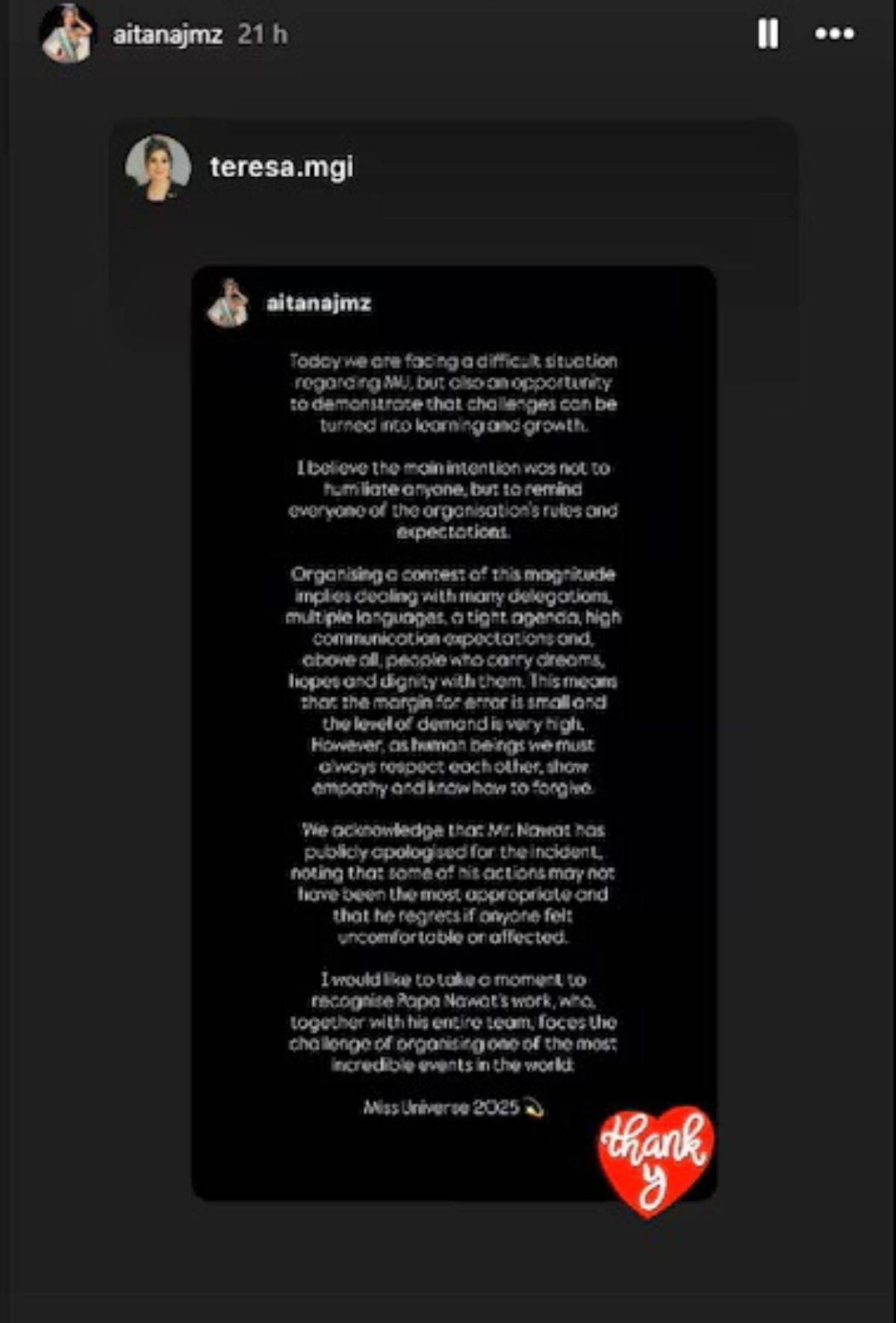 No quiso humillar a nadie: Miss España respalda a Nawat Itsaragrisil tras el incidente con Miss México