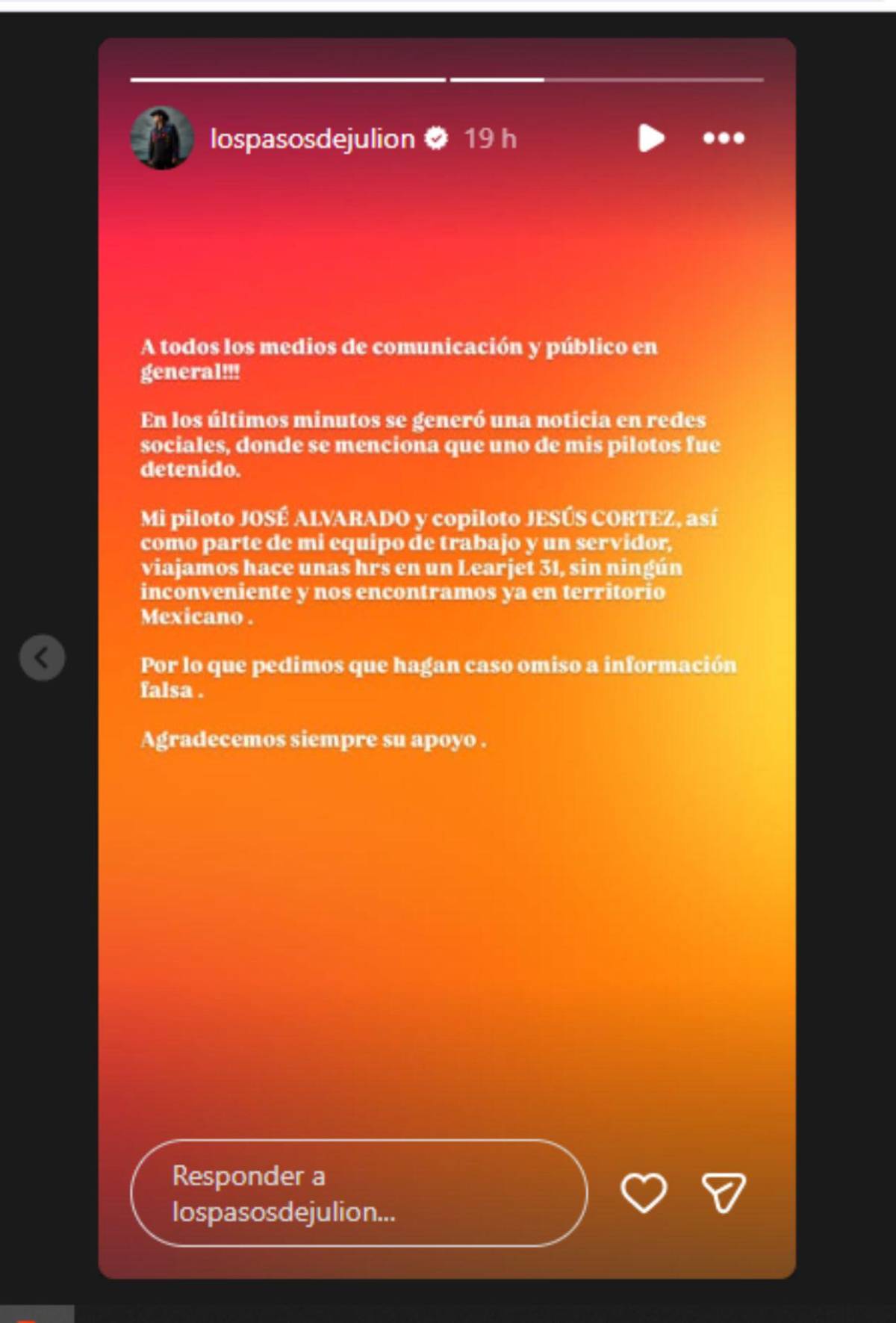 Julión Álvarez desmiente que su piloto fuera detenido en Honduras