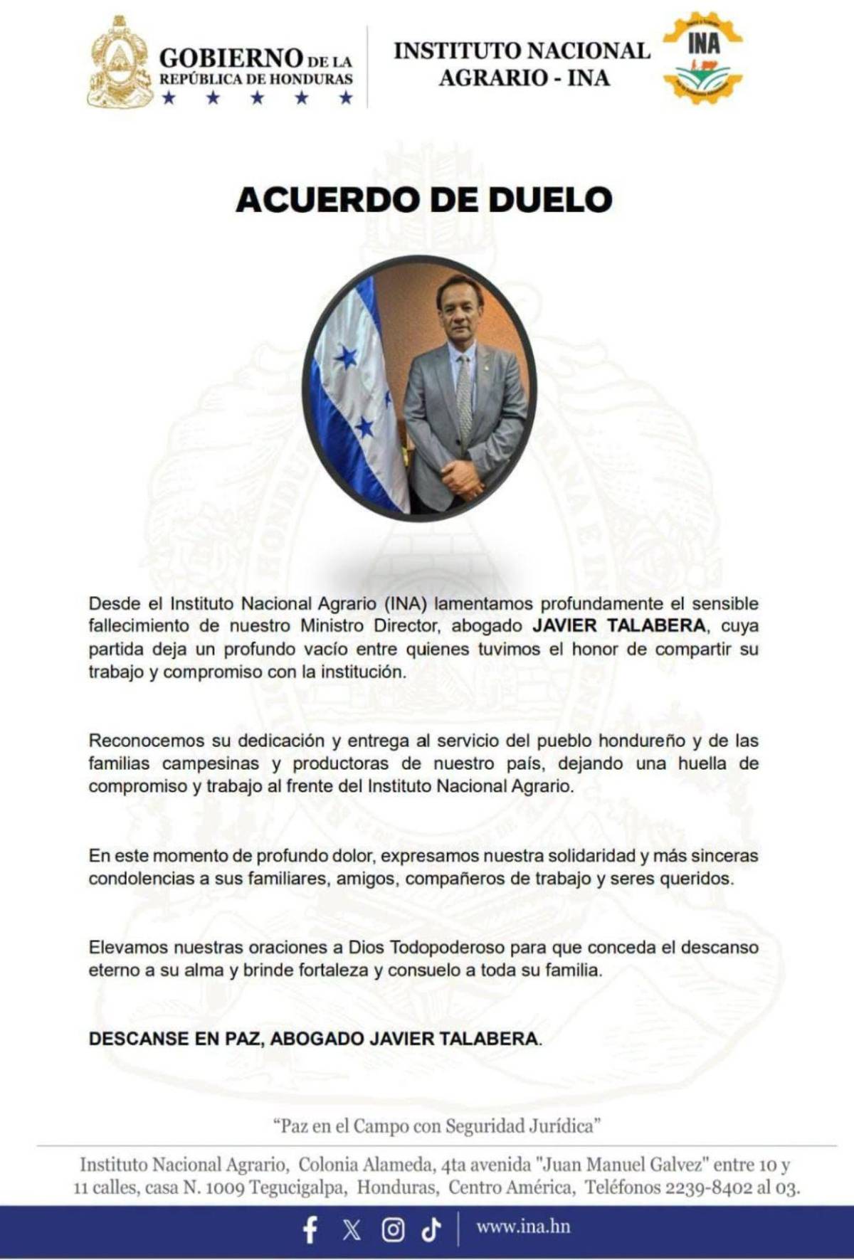¿De qué murió Javier Talavera, director del Instituto Nacional Agrario?