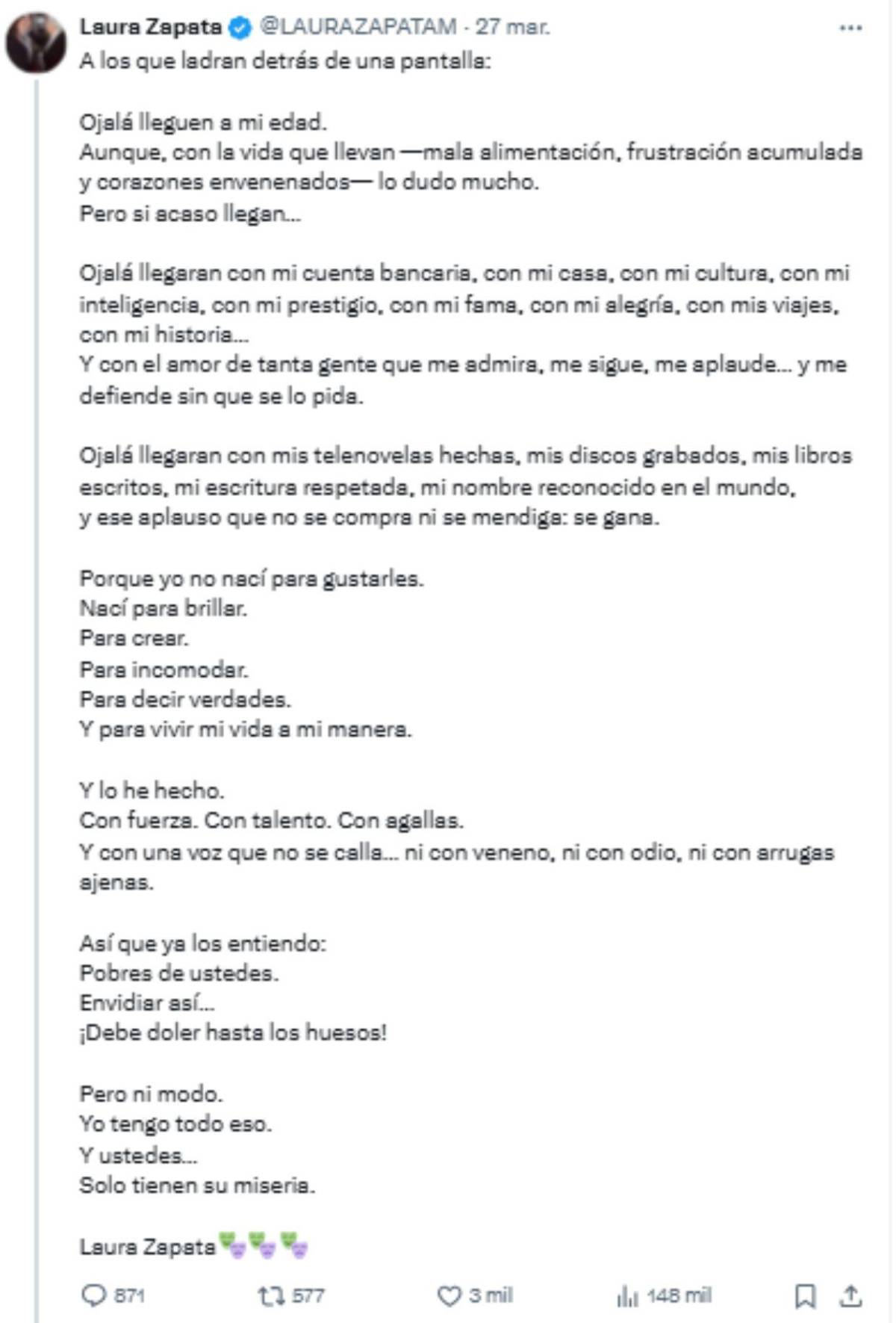 Laura Zapata contra sus detractores: “Tengo todo, ustedes solo su miseria”