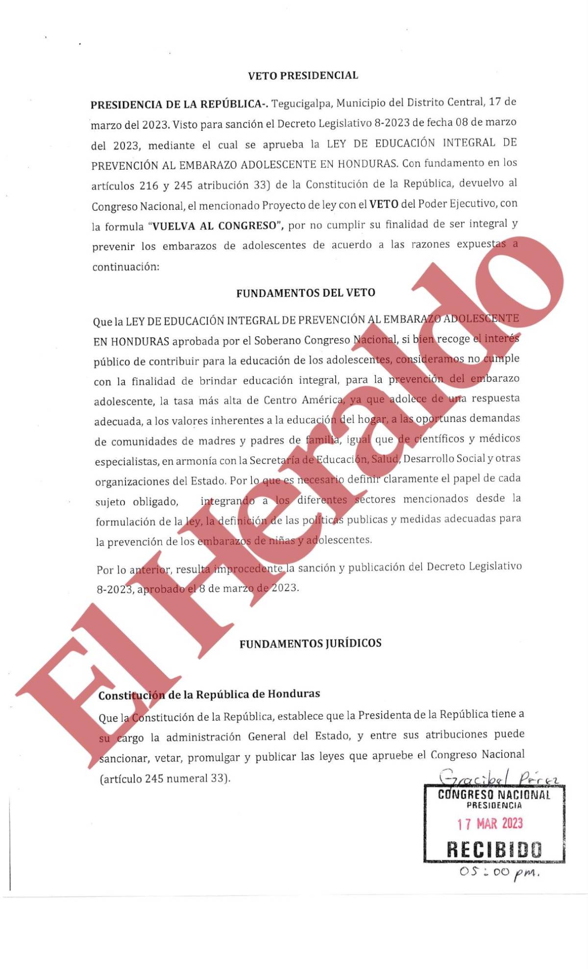 Veto presidencial, Ley de Educación Integral para la Prevención de Embarazos en Adolescentes