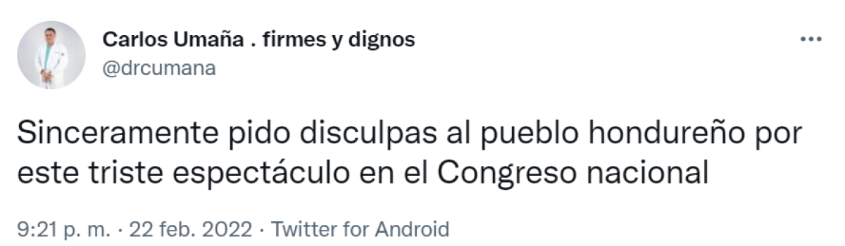 Carlos Umaña: “Pido disculpas por el triste espectáculo en el Congreso Nacional”