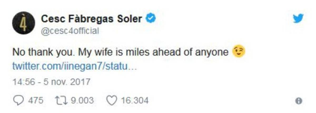 Fábregas respondió de manera épica el ofrecimiento de la fan.