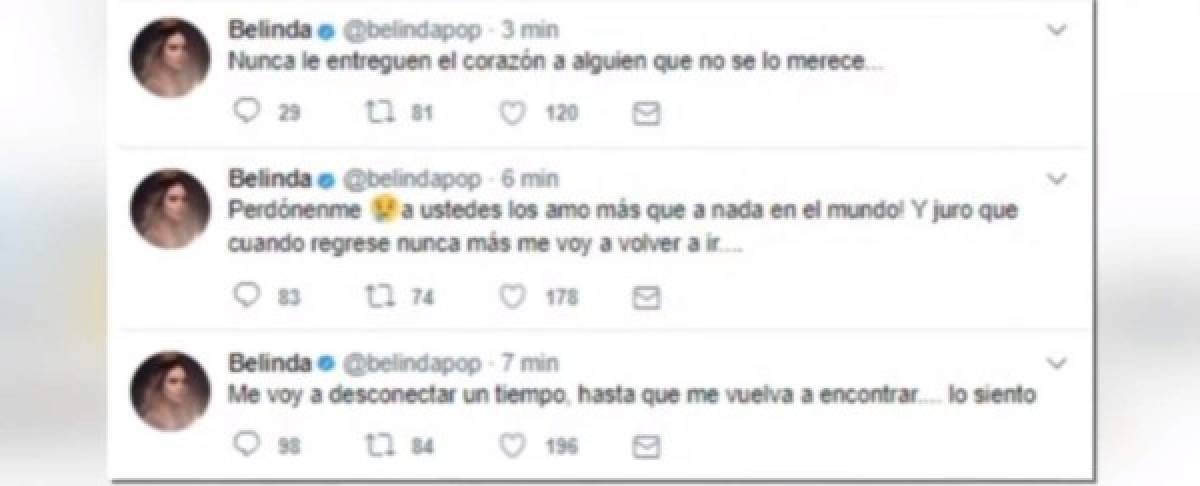 Estos fueron los mensajes publicados en ela cuenta de Twitter de Belinda. Foto: People en Español.