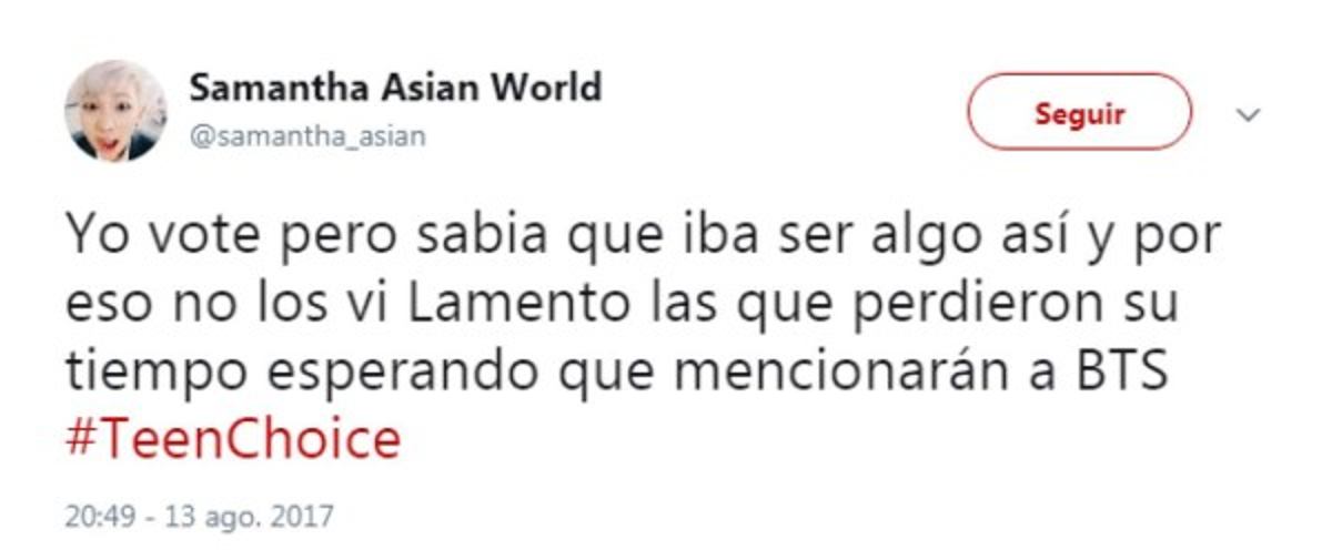 Fanáticos de BTS molestos por raquítica mención en los Teen Choice Awards 2017