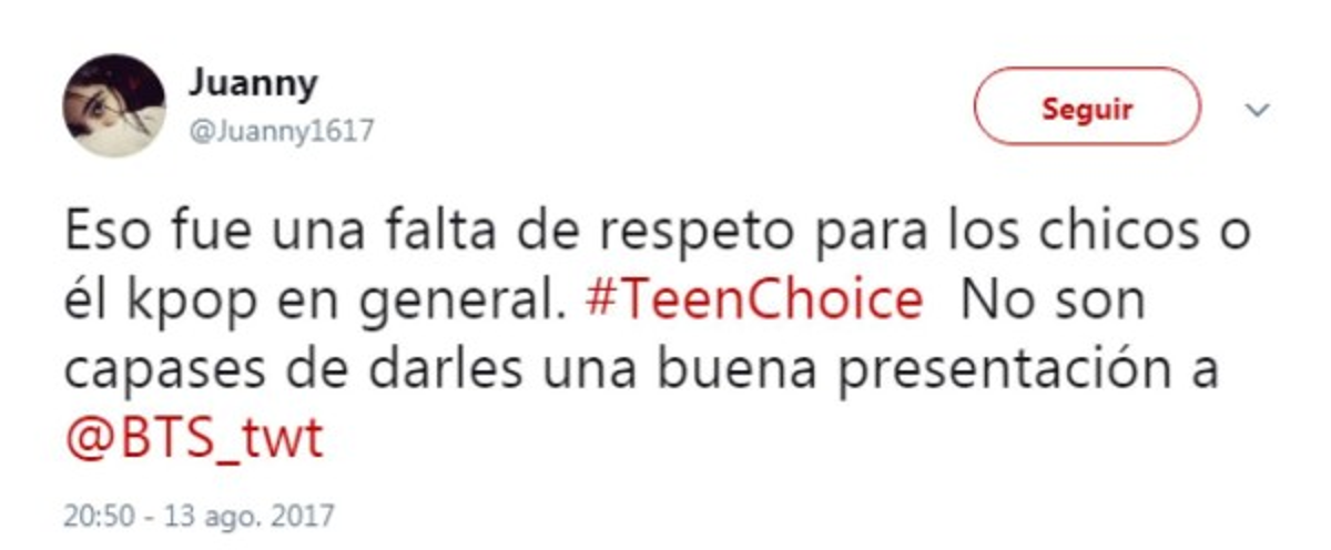 Fanáticos de BTS molestos por raquítica mención en los Teen Choice Awards 2017