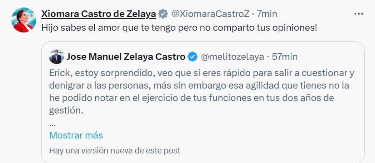 Presidenta Xiomara Castro reprende a su hijo en redes sociales: “no comparto tus opiniones”