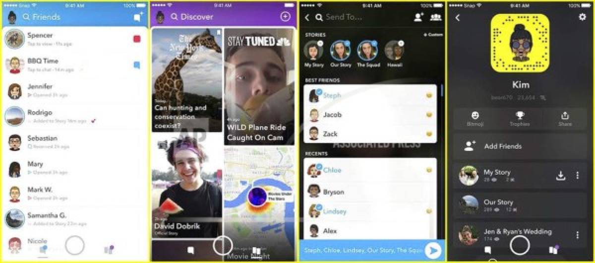 This photo provided by Snapchat shows screen examples of Snapchat's redesign. Snapchat is separating what friends share and what media organizations publish in an attempt to appeal to a broader range of users. Users will now see two separate feeds: one from friends and one from publishers and non-friend accounts they follow. (Snapchat via AP)