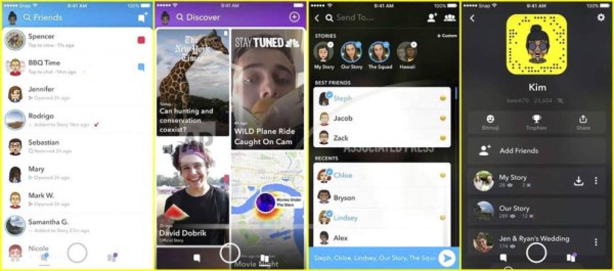 This photo provided by Snapchat shows screen examples of Snapchat's redesign. Snapchat is separating what friends share and what media organizations publish in an attempt to appeal to a broader range of users. Users will now see two separate feeds: one from friends and one from publishers and non-friend accounts they follow. (Snapchat via AP)