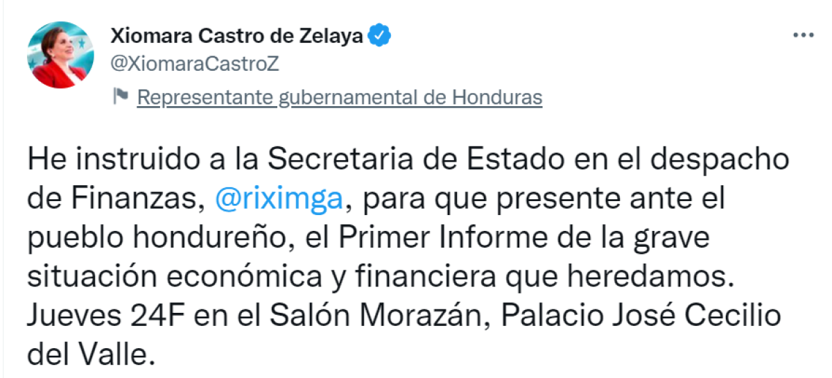Xiomara Castro anunció que los hondureños pronto conocerán la realidad de las finanzas.
