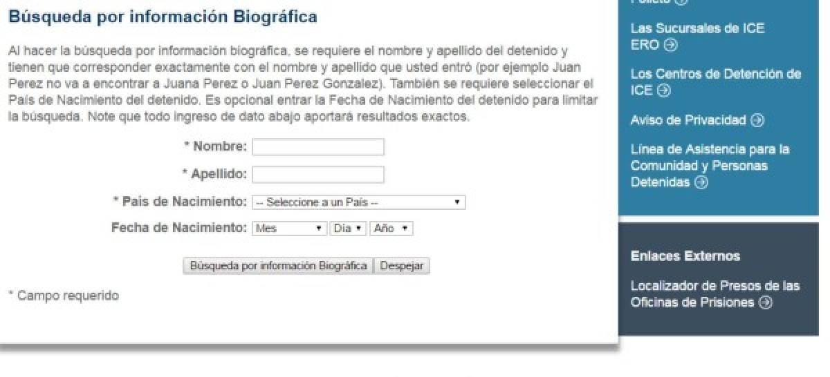 La segunda búsqueda es de manera biográfica para realizarla se requiere el nombre y apellido del detenido y tienen que corresponder exactamente con el nombre y apellido que usted entró.