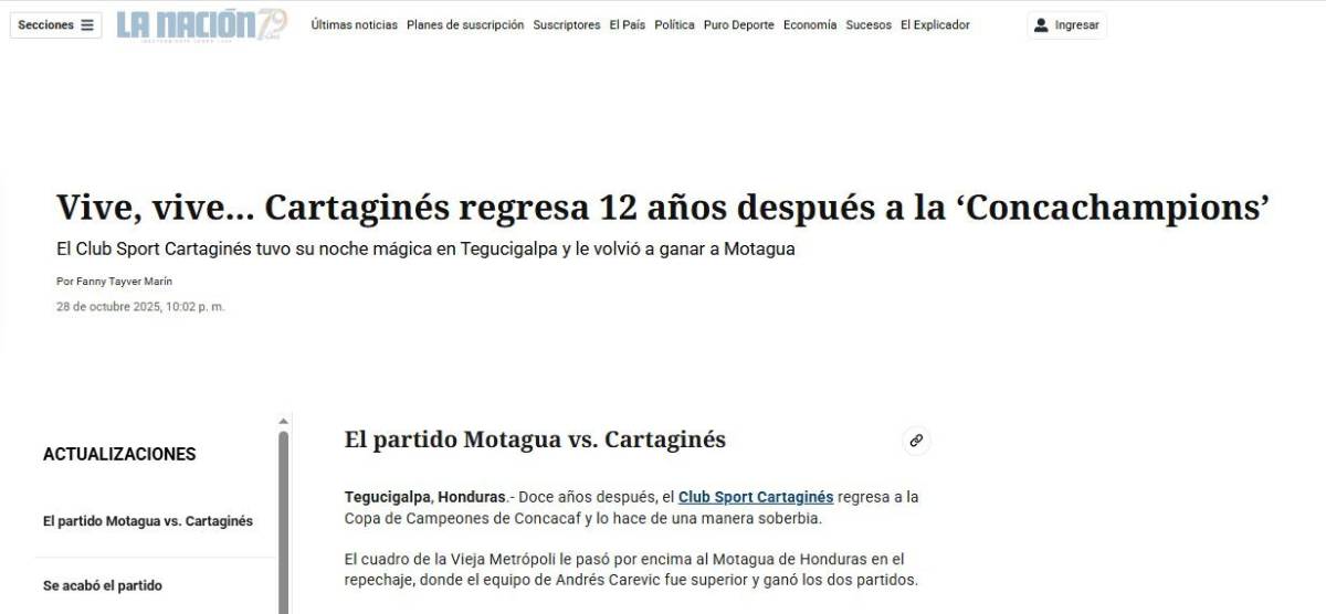 Lo que publicaron los medios de Costa Rica tras eliminación de Cartaginés a Motagua