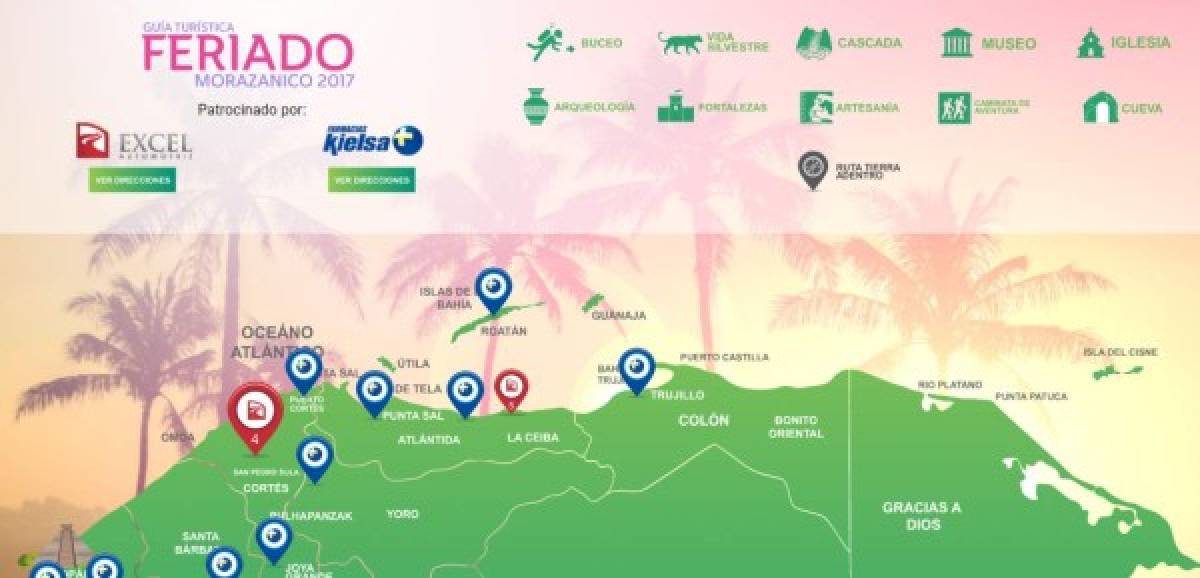 Mapa de destinos, recomendaciones y sitios de interés para vacacionar en Honduras