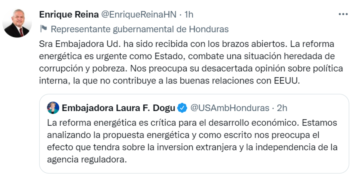 Roce entre embajadora de EE UU y el canciller Enrique Reina por ley de energía en Honduras