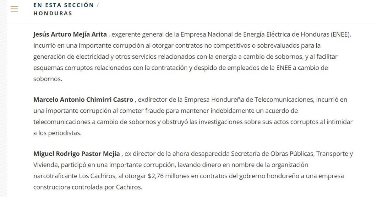 Departamento de Estado de EEUU divulga Lista Engel 2023 de funcionarios corruptos en Honduras