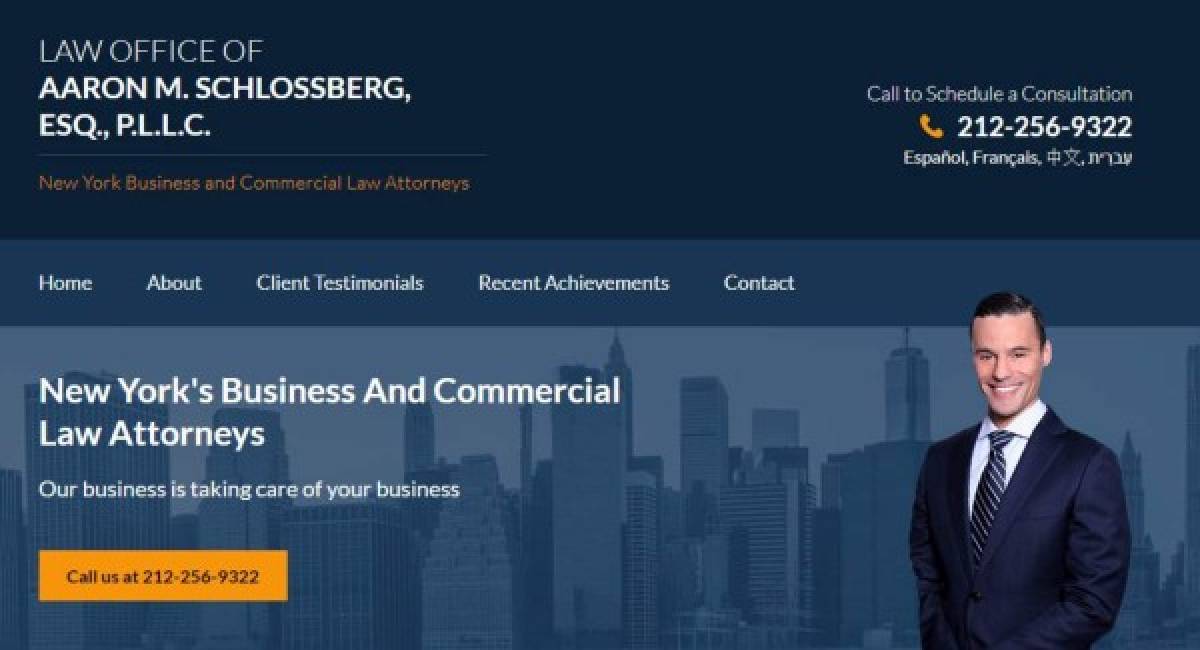Según el sitio web del bufete de abogados de Aaron M. Schlossberg, del que Schlossberg es miembro gerente, afirma que el abogado 'se centra en asuntos comerciales y de cobertura de seguros complejos'.