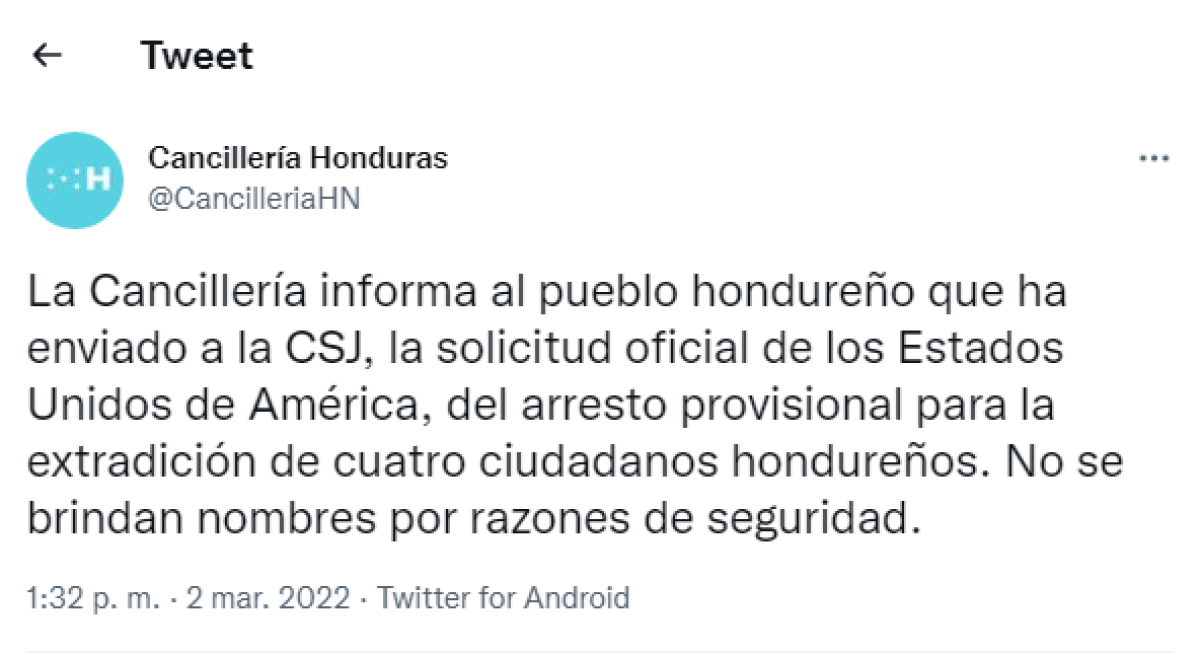 Este fue el tweet hecho por la Cancillería de Honduras.