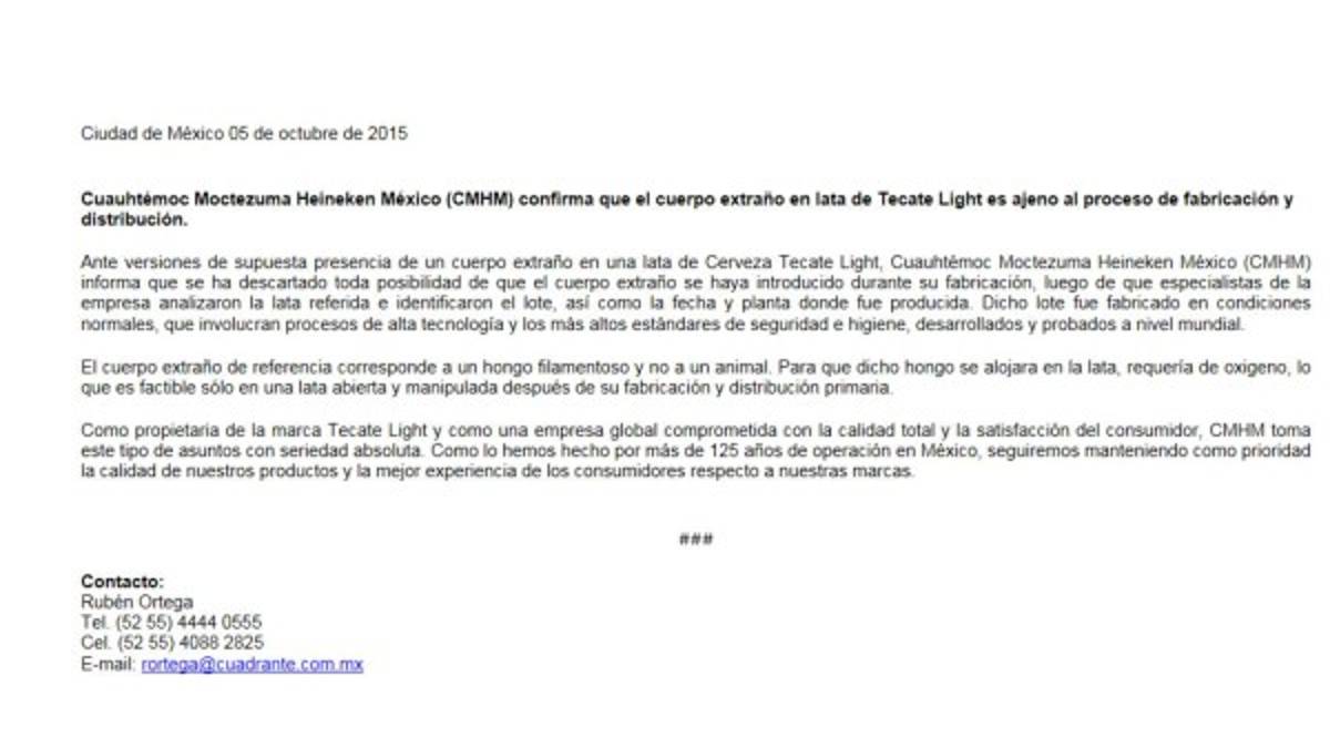 Tecate Light desmiente hallazgo de 'ratón' dentro de cerveza
