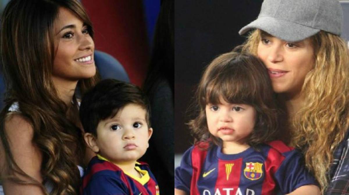 Antonella Rocuzzo y Shakira junto a sus pequeños vestidos con las camisas del FC Barcelona. (Foto: Agencias/ El Heraldo Honduras)