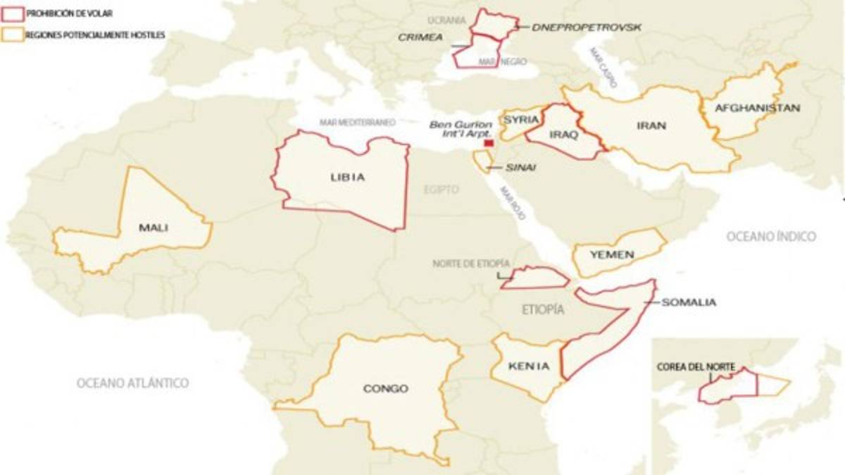 El mapa de los países con espacio aéreo peligroso