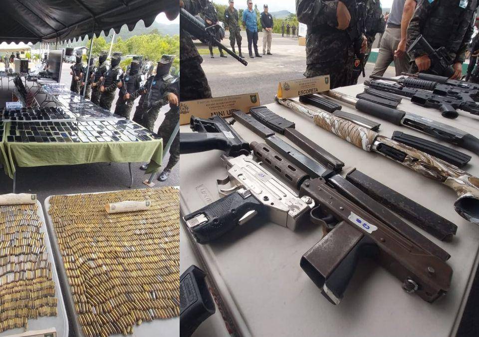 Luego de la realización de la operación “Fe y Esperanza”, la Policía Militar de Orden Público (PMOP) exhibió este lunes el poderoso arsenal que fue decomisado en los centros penales de Honduras. Armas, municiones de diferentes calibres y hasta granadas forman parte del peligroso armamento con el que contaban las estructuras criminales en los presidios.