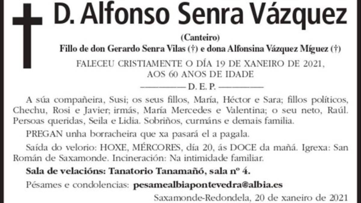 Esquela de Alfonso Senra Vázquez. FOTO: Faro de Vigo