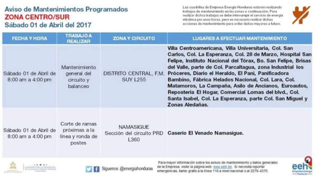Por mantenimiento anuncian apagones este sábado en el centro y litoral de Honduras