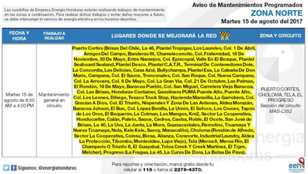 Listado de sectores que no tendrán energía eléctrica este martes en Honduras