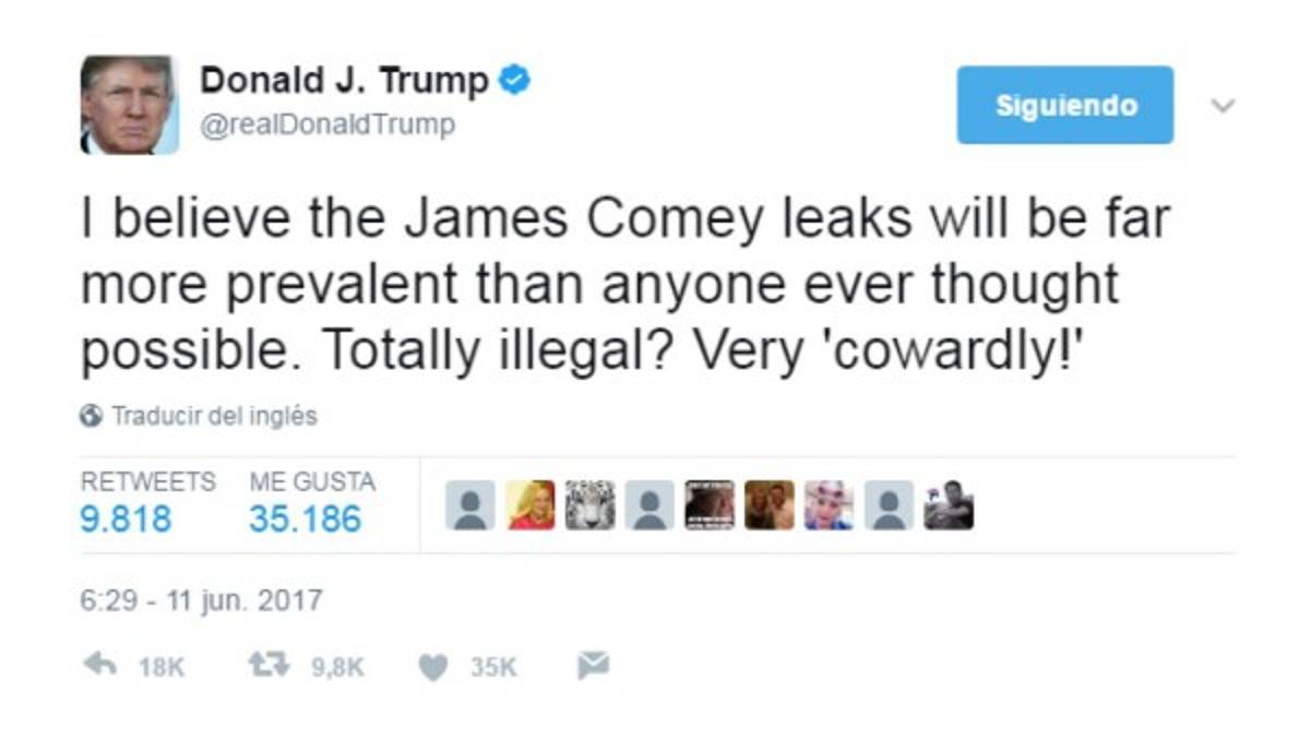 Donald Trump acusa al exdirector del FBI Comey de ser un 'cobarde'