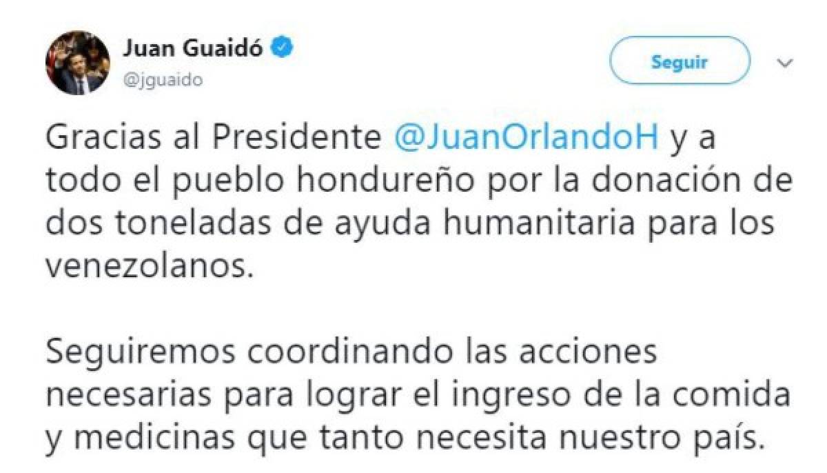 Juan Guaidó agradeció al presidente Juan Orlando Hernández por la ayuda humanitaria