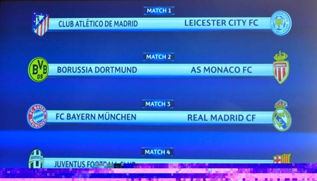A screen displays the names of the clubs that will be facing each other during the quarter-final draw of the UEFA Champions League football tournament at the UEFA headquarters in Nyon on December 17, 2017. / AFP PHOTO / Fabrice COFFRINI