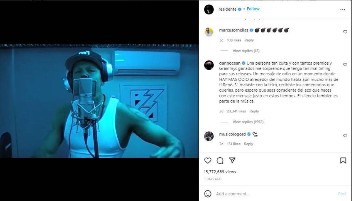 Ocean no dudó en criticar las acciones de Residente en su perfil de Instagram.
