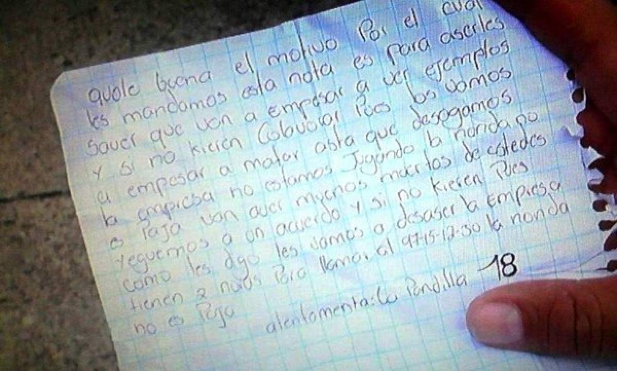 Nota extorsiva dejada por miembros de la pandilla 18 que ahora atacan a grandes comercios, foto: El Heraldo.