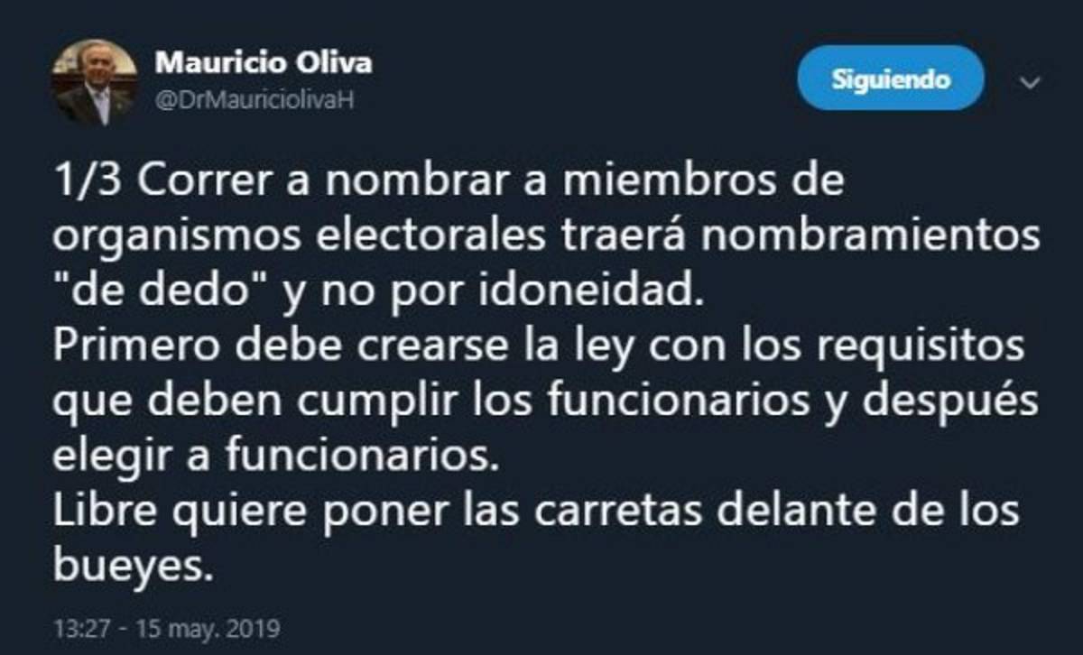 Oliva criticó posibles nombramientos de dedo. FOTO: Captura Twitter